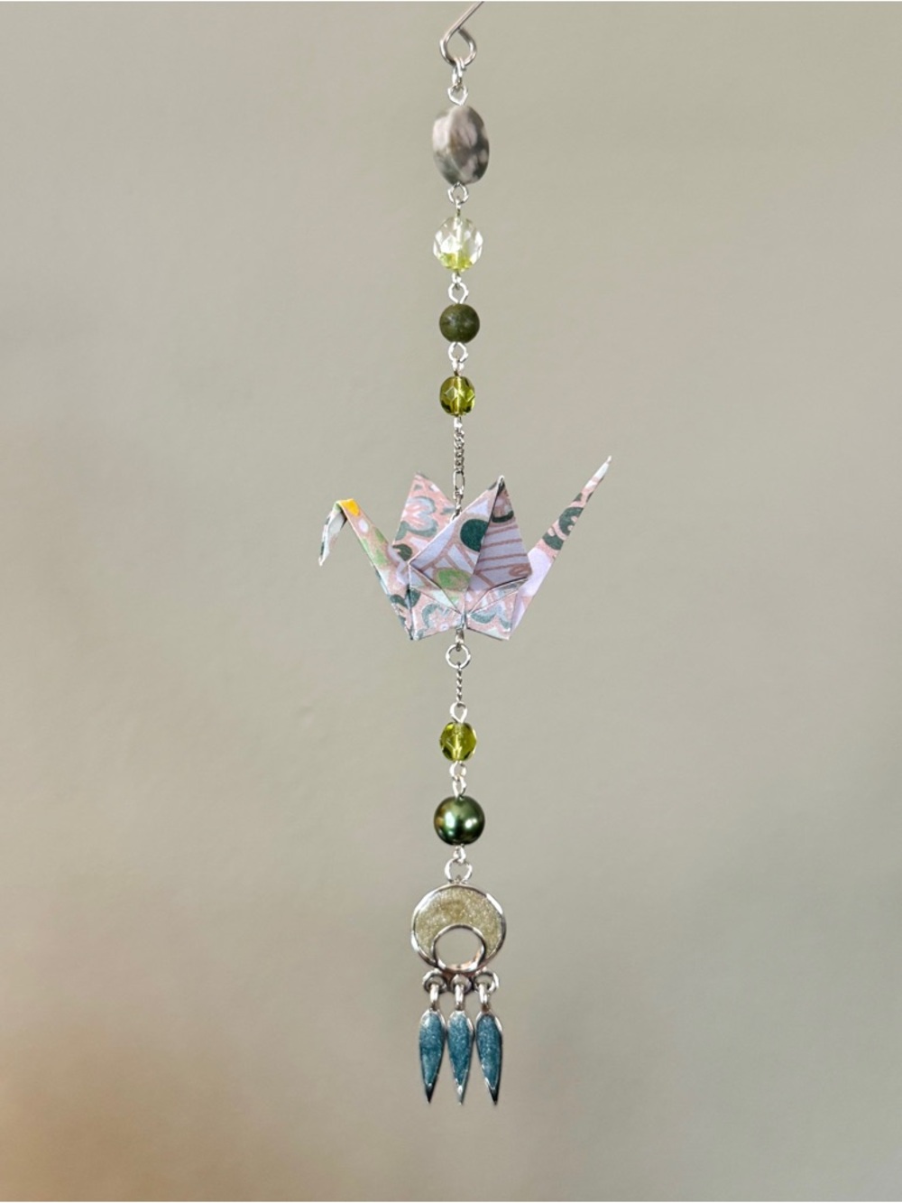 Origami Ornament #2449 - Small Crane with Repurposed Jewelry